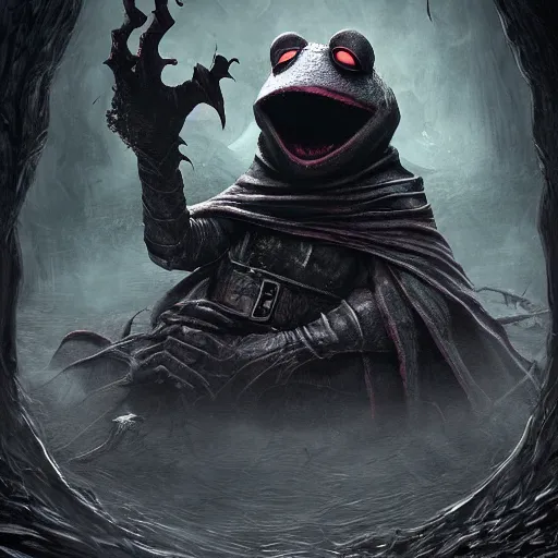 Image similar to evil kermit the frog, dark souls, bloodborne, elden ring, by hidetaka miyazaki