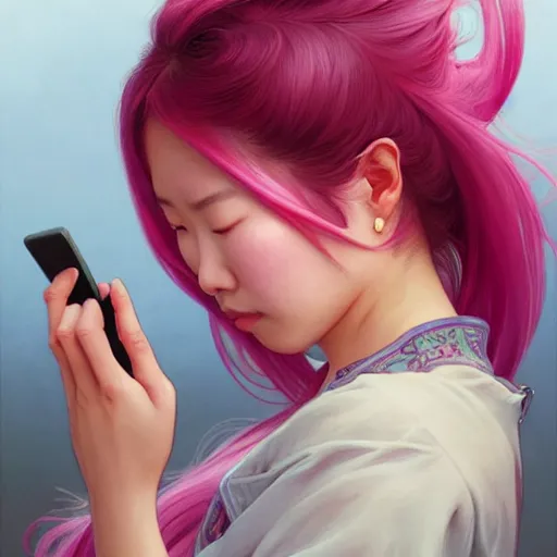 Prompt: asian girl crying while staring at her cell phone, pink hair, tokyo landscape, D&D, fantasy, intricate, elegant, highly detailed, digital painting, artstation, concept art, matte, sharp focus, illustration, art by Artgerm and Greg Rutkowski and Alphonse Mucha