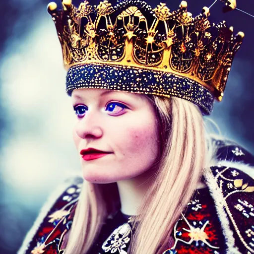 Prompt: portrait photograph of a very beautiful nordic queen with ornate cloak, bokeh, graflex camera, macro 15mm