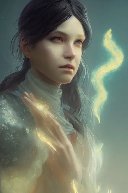 Image similar to a fancy close up portrait of a beautiful light mage using magic by Greg Rutkowski, Sung Choi, Mitchell Mohrhauser, Maciej Kuciara, Johnson Ting, Maxim Verehin, Peter Konig, final fantasy , mythical, 8k photorealistic, cinematic lighting, HD, high details, atmospheric,