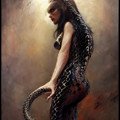 Image similar to snake woman hybrid, long, black scales, bright amber eyes, scales covering her chest, cinematographic shot, by daniel f. gerhartz