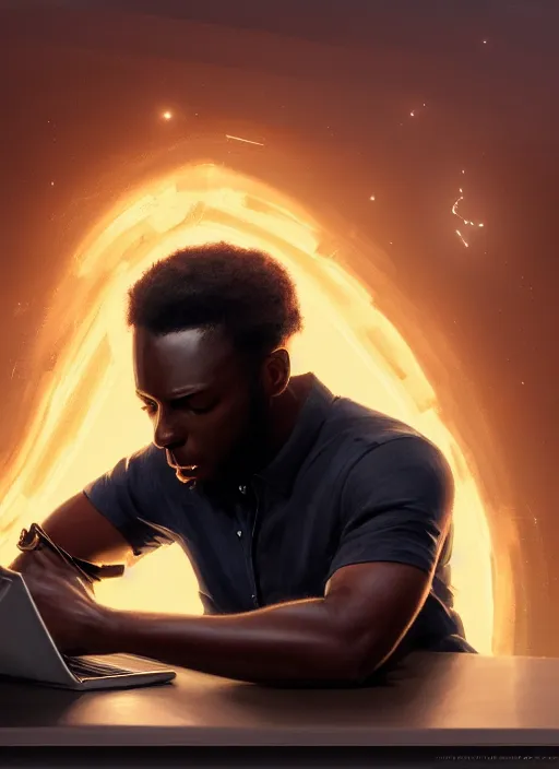 Prompt: portrait of handsome black man hunched over a laptop, swirling equations, brilliant and genius brainstorm, elegant atmosphere, glowing lights, highly detailed, digital painting, artstation, concept art, smooth, sharp focus, illustration, art by wlop, mars ravelo and greg rutkowski