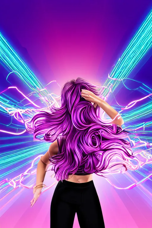 Image similar to a award winning half body portrait of a beautiful woman in a croptop and cargo pants with ombre purple pink teal hairstyle with head in motion and hair flying, surrounded by whirling illuminated lines, outrun, vaporware, shaded flat illustration, digital art, trending on artstation, highly detailed, fine detail, intricate