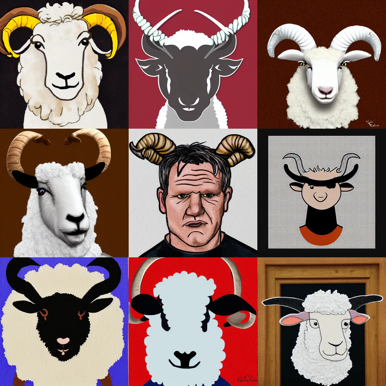 Prompt: portrait of! gordon ramsay! as a ram sheep with horns and wool