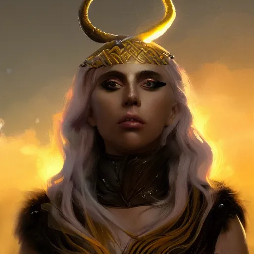 Prompt: a beautiful Norse Warrior based on Lady Gaga with glowing aura by Greg Rutkowski and Raymond Swanland, Trending on Artstation, cloudy background, ultra realistic digital art