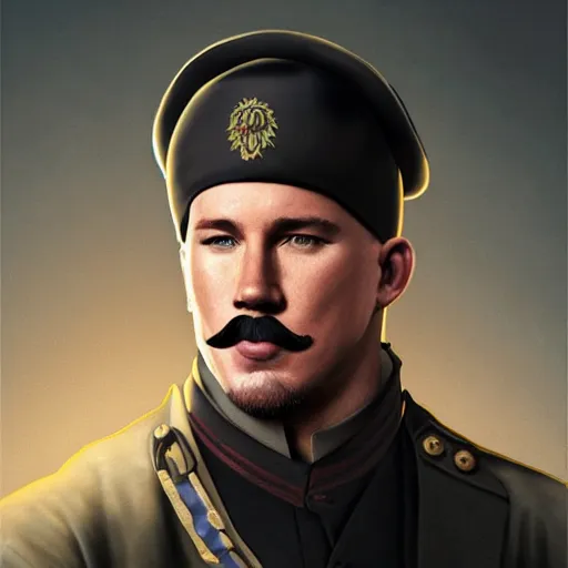 Prompt: fullbody portrait of channing tatum with handlebar moustache, wearing russian ww 1 clothes in dark black black furry beanie on head with tine red star, villages at background, style ivan talavera and artgerm, radiant lighting, hyper realistic, photorealistic, octane render, trending on artstation, cgsociety, cinematic light, global illumination