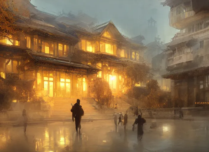 Prompt: new one beautiful golden house shadow of people volumetric lighting, digital painting, highly detailed, artstation, sharp focus, illustration, concept art, ruan jia, steve mccurry, amazing composition