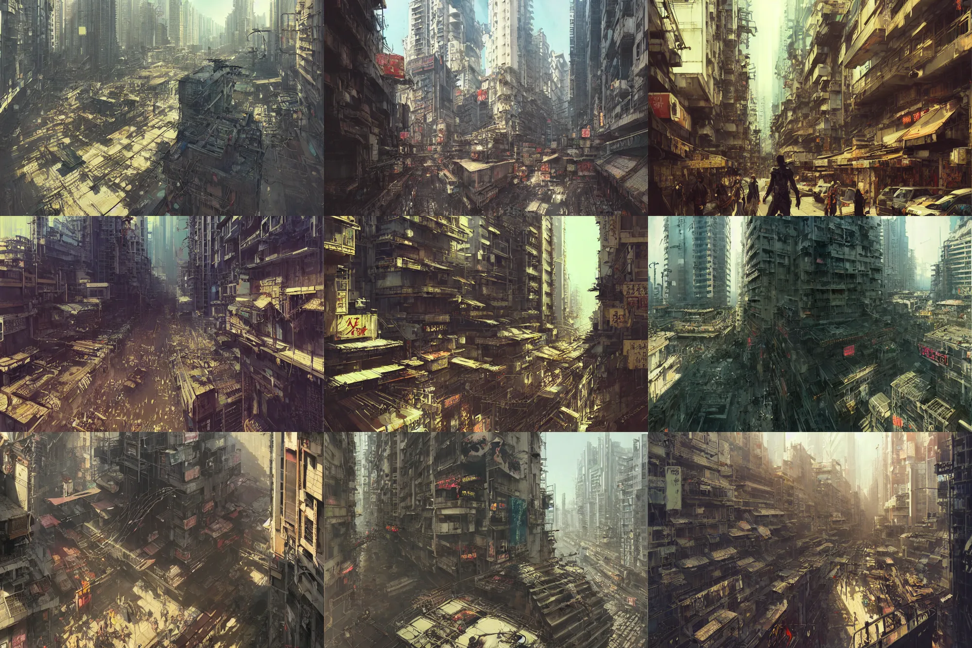 Prompt: ultra realistic beautiful apocalyptic cyberpunk kowloon balcony techno art, lots of signs, art by krenz cushart, wlop, yoji shinkawa, greg rutkowski, alphonse mucha, yuxiang chen, intricate, elegant, highly detailed, digital art, artstation, concept art, smooth, sharp focus, illustration, beautiful sunlight and shadows