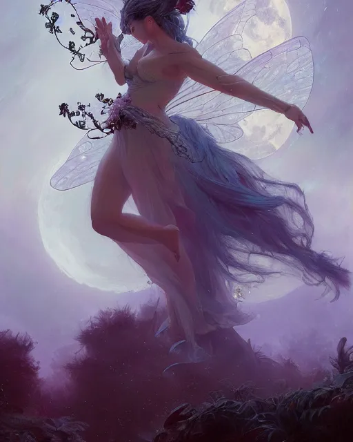 Image similar to a portrait of beautiful fairy goddness fly high in the night, d & d, fantasy, mist, full moon in background, trees, hyper detailed,, midium shot, an oil painting by ruan jia, trending on artstation, concept art, sharp focus, illustration, gaston bussiere, craig mullins, j. c. leyendecker, beautiful lighting