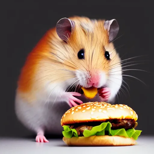 Image similar to a hamster eating a hamburger,photorealiatic,hyperdetailed,hyperrealistic,studio lighting,studio photography,professional photography,professional lighting,detailed face,3 point lighting,4k