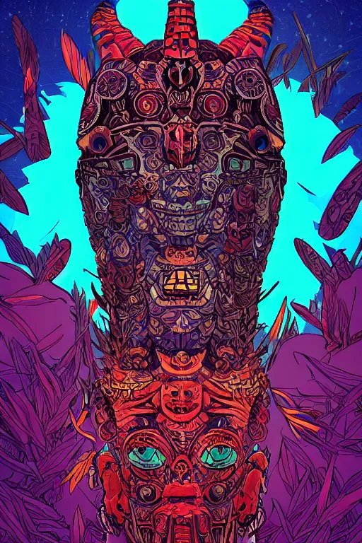 Image similar to totem animal tribal chaman vodoo mask feather gemstone plant video game illustration vivid color borderlands and by feng zhu and loish and laurie greasley, victo ngai, andreas rocha, john harris radiating a glowing aura