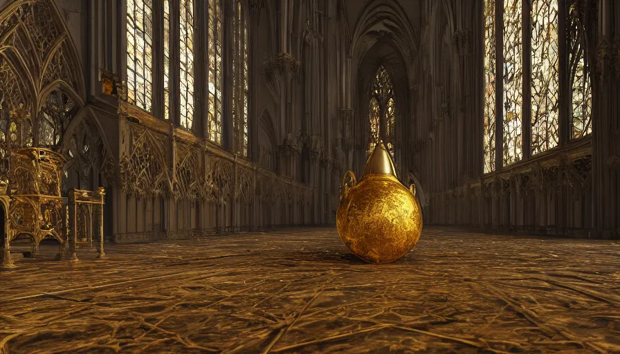 Prompt: gold bell covered with dust and cobwebs crashed on the floor of an abandoned neo - gothic church, hyperdetailed, artstation, cgsociety, 8 k