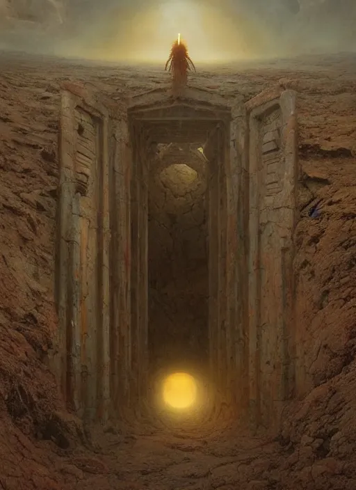 Prompt: ancient singular portal into godhood on a barren hellish exoplanet, philosophical concept illustrated by James Gurney and Zdislaw Beksinski and Dariusz Zawadski and Greg Rutkowski