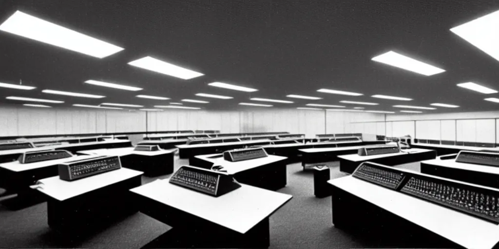 Image similar to a large 1970's computing room with 9-track machines and glowing screens. by IBM by Amdahl.