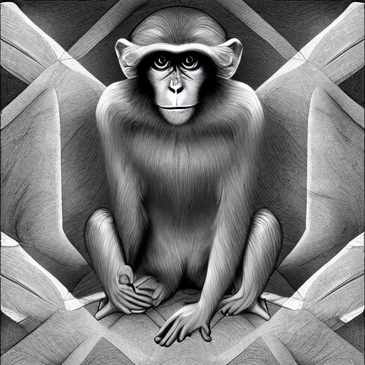 Prompt: macaque inside alien base, digital art, soft shadows