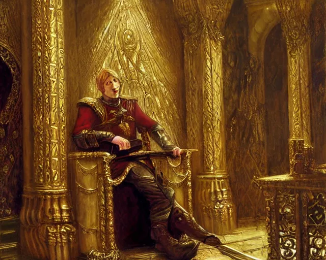 Image similar to attractive arthur pendragon, posing in the throne room of camelot highly detailed painting by gaston bussiere, craig mullins, j. c. leyendecker