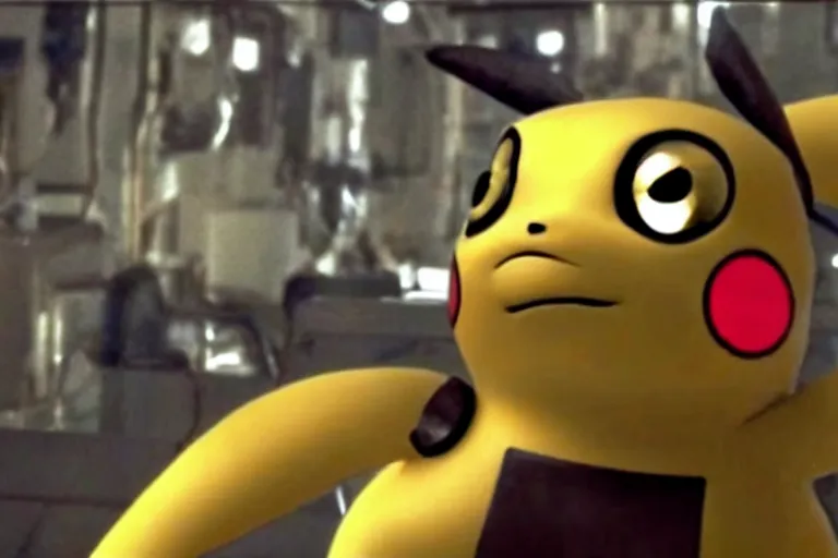 Prompt: Terminator Pikachu scene where his endoskeleton gets exposed and his eye glow read still from the film
