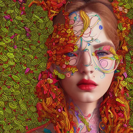 Prompt: the portrait of a beautiful and elegant young woman made up of peppers, an ultrafine detailed illustration by james jean, intricate linework, bright colors, final fantasy, behance contest winner, vanitas, angular, altermodern, unreal engine 5 highly rendered, global illumination, radiant light, detailed and intricate environment