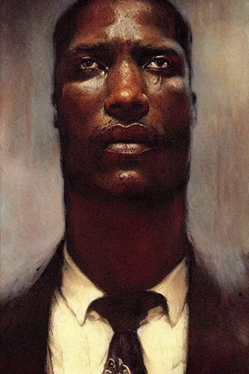 Image similar to portrait of a contract killer, a black man in a pristine white dress shirt. his eyes are collapsing black pits of darkness. horror. art by gaston bussiere.