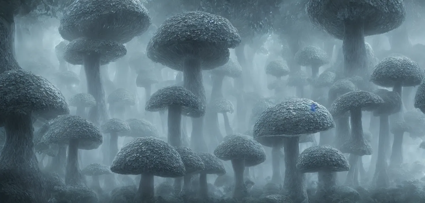 Prompt: a distant dense forest of giant bismuth mutated mushrooms, intricate, highly detailed, organic, volumetric fog, concept art, masterpiece