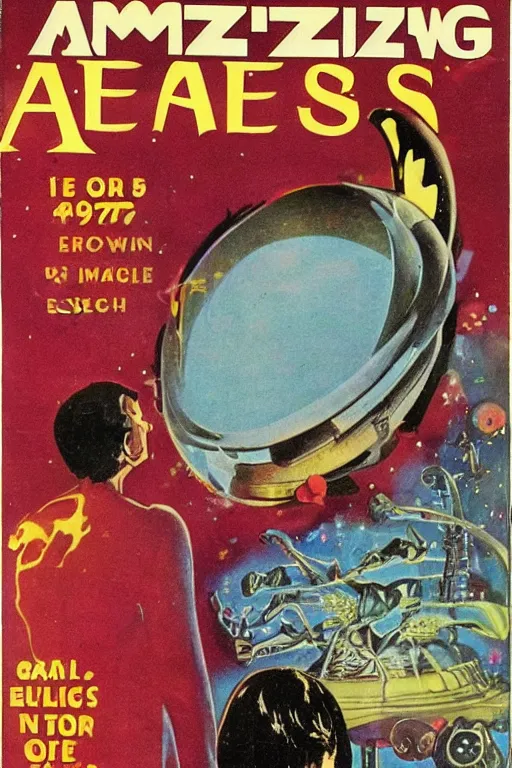 Prompt: 1971 cover design for Amazing Stories magazine