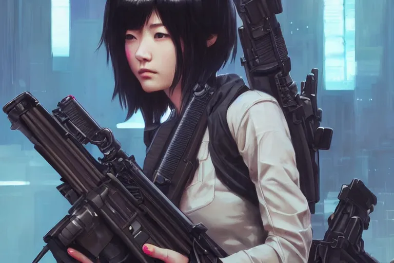 Image similar to young female japanese sniper holding a railgun sniper rifle, neon, cyberpunk, futuristic, full cybernetic combat suit, short bob haircut, stunning, highly detailed, digital painting, smooth, soft focus, illustration, ghost in the shell, 4 k digital art from artstation by artgerm and greg rutkowski and alphonse mucha