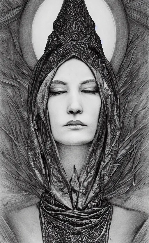 Image similar to the high priestess, by vonnart, black and white graphite drawing, smooth render, 3 / 4 view