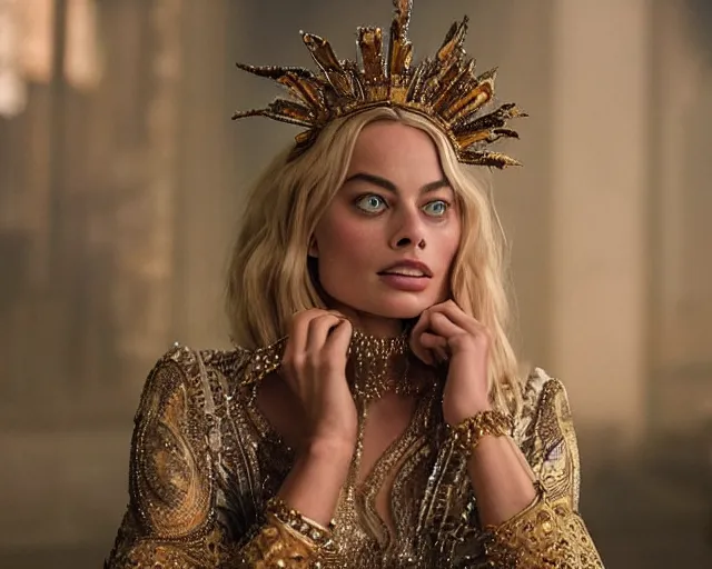 Image similar to Margot robbie as a goddess in heaven, Photography, Cinematic, Portrait, insanely detailed and intricate, hypermaximalist, elegant, ornate, hyper realistic, super detailed