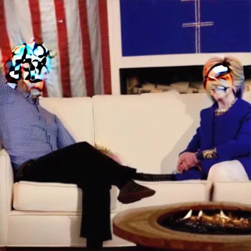 Prompt: joe biden cuddling on a loveseat with hillary clinton next to a cozy fire while they watch a pelican in a top hat do a funny jig in front of them