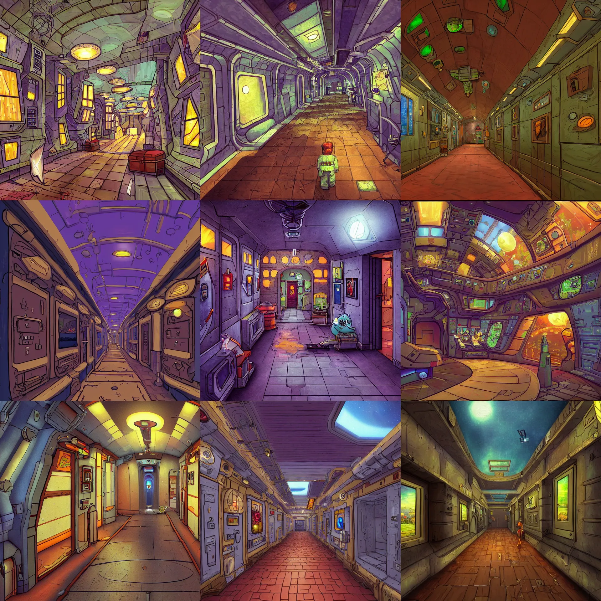 Prompt: a wide hallway inside a spaceship, from a lucasarts point and click 2 d graphic adventure game, art inspired by thomas kinkade