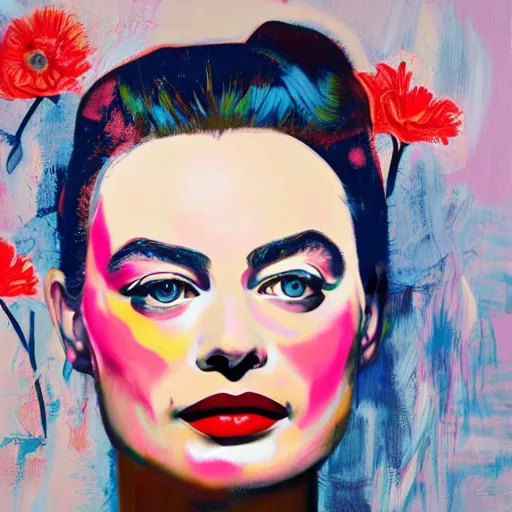 Prompt: detailed oil painting of margot robbie in detail with flowers by james jean, by andy warhol, by frida kahlo