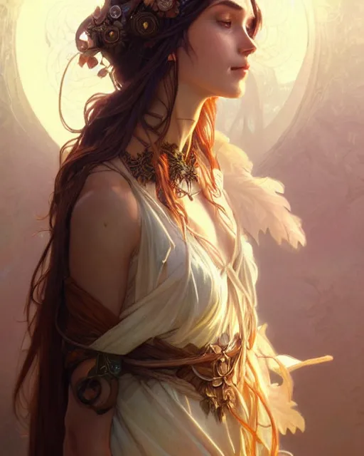 Image similar to beautiful female druid, portrait, fantasy, young, perfect eyes, detailed, sketch, intricate, leaves and simple cloth, dynamic lighting, digital art, digital painting, artstation, wlop, sharp focus, illustration, art by artgerm and greg rutkowski and alphonse mucha, 8 k