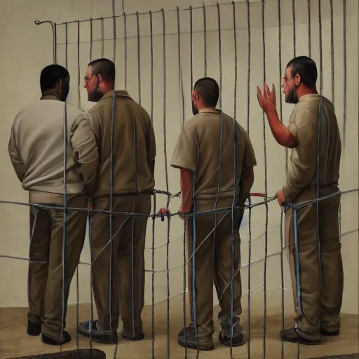 Prompt: hyperrealism painting of prisoners scheming to escape prison while guards are distracted