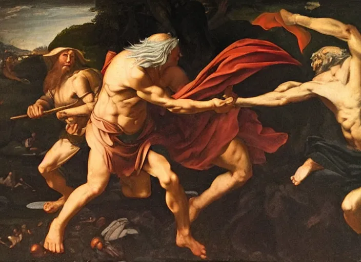Image similar to renaissance painting of only two character visible, Gandalf the gray on the right fighting against the fiery giant balrog on the left, by nicolas poussin