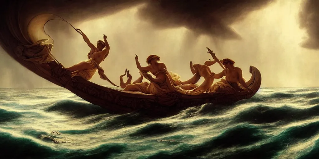 Prompt: Odysseus's ship sailing past the island of the sirens, by Rolf Armstrong and Evelyn De Morgan and Bastien Lecouffe-Deharme, dramatic lighting, high contrast colors, baroque, empyrean, panoramic view, as trending on Artstation, highly detailed, doom engine,