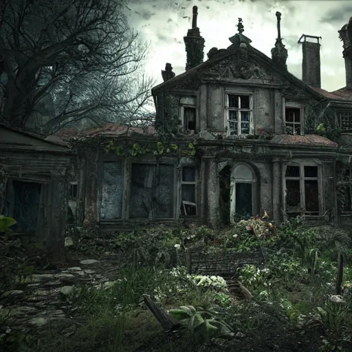 Prompt: abandoned garden inside a dark mansion, dead flowers, realistic, highly detailed, hd, unreal engine, background of resident evil game, guillermo del toro