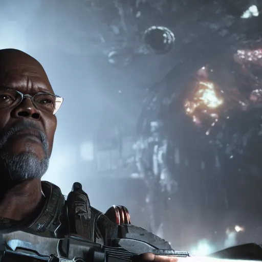 Image similar to Samuel L Jackson in Gears of War, splash art, movie still, cinematic lighting, dramatic, octane render, long lens, shallow depth of field, bokeh, anamorphic lens flare, 8k, hyper detailed, 35mm film grain