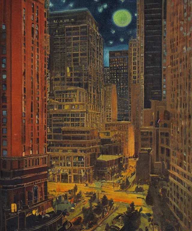 Image similar to horrifying full color photorealistic painting of the view of a warped downtown 1 9 2 5 boston at night with a cosmic sky viewed from a hotel balcony, dark, atmospheric, brooding, smooth, finely detailed, cinematic, epic, in the style of lee gibbons