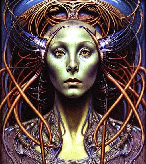 Image similar to detailed realistic beautiful young cher alien robot as queen of mars face portrait by jean delville, gustave dore and marco mazzoni, art nouveau, symbolist, visionary, gothic, pre - raphaelite. horizontal symmetry by zdzisław beksinski, iris van herpen, raymond swanland and alphonse mucha. highly detailed, hyper - real, beautiful