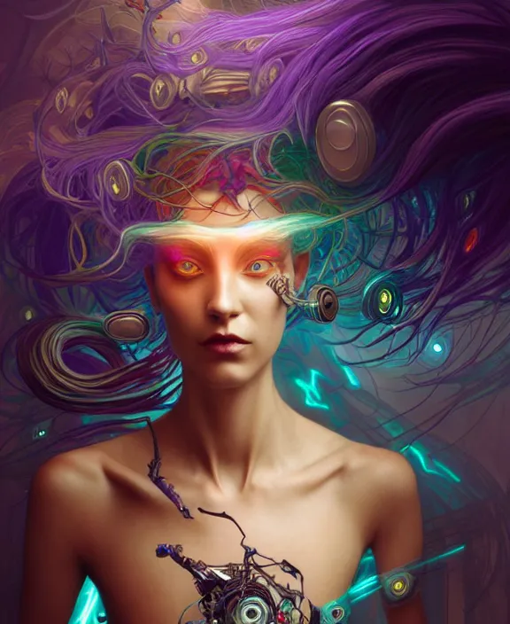 Image similar to a whirlwind of souls rushing inside the metaverse, half body, jewelry, hologram, dreads, android, cyborg, cyberpunk face, by loish, d & d, fantasy, intricate, elegant, highly detailed, colorful, vivid color, digital painting, artstation, concept art, art by artgerm and greg rutkowski and alphonse mucha