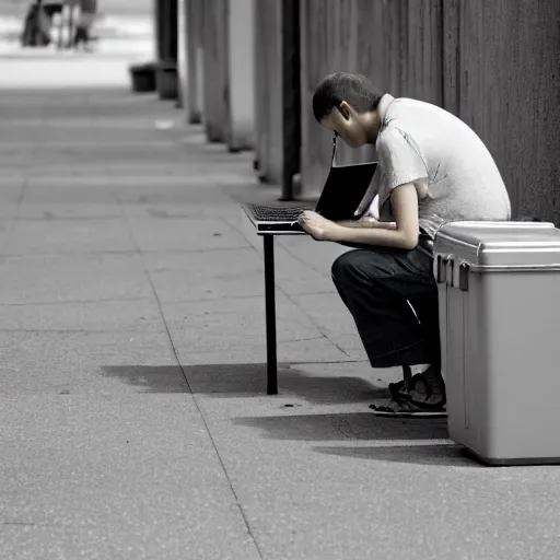 Prompt: a bum using laptop near trashcans, highly detailed, intricate, sharp focus, digital art, 8 k