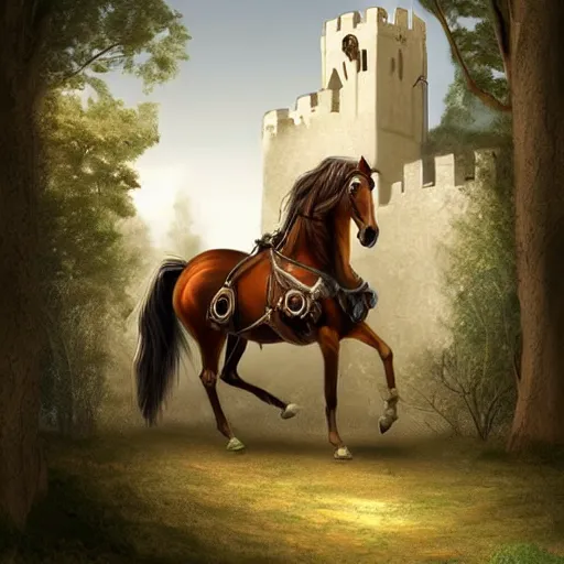 Image similar to plano general de un caballero montado a caballo, colina de fondo con castillo medieval. digital art, art station, realista,