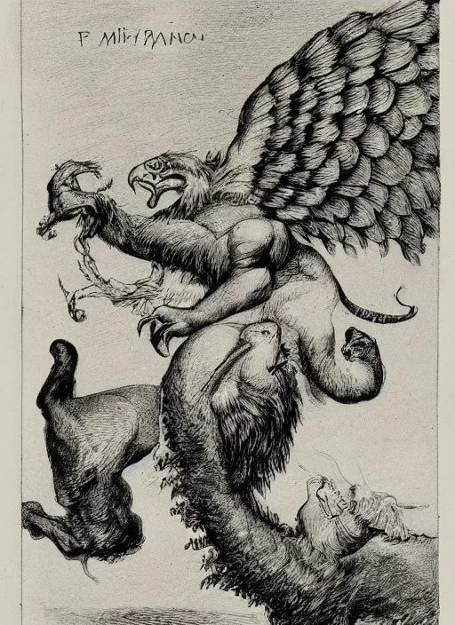Image similar to a mighty strong creature with the body and eyes of a man, with the beak of an eagle, the mane of a lion, and the horns of an ox. drawn by francis bacon