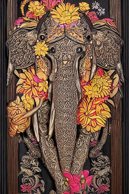 Image similar to Painted dark-wood panel relief carving of a close up of a Flowerpunk Matriarch Elephant, ornate border frame, explosion of colorful flowers, dark wood, intricately carved, black ink, festival of rich colors, intricate details, cinematic lighting, volumetric lighting, post-processing, art nouveau, by andreas rocha and john howe, and Martin Johnson Heade, featured on artstation, featured on behance, golden ratio, hyper detailed, photorealistic, epic composition, center spotlight, f32, well composed, symmetrical, UE5, 8k