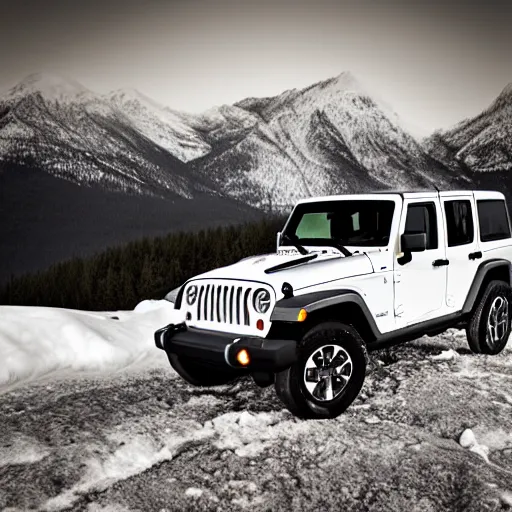 Prompt: white jeep wrangler driving up snow covered mountain ridge, dreamy atmosphere, dramatic lighting, cinematic, photo realism