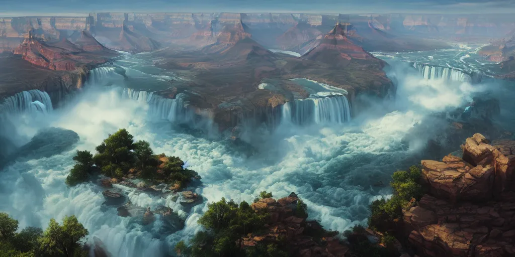 Image similar to The Grand Canyon, Niagara Falls, detailed oil painting, cinematic angle, hyperrealistic, breathtaking, volumetric lighting, cinematic lighting, dynamic, Studio Ghibli, digital art, octane render, epic composition, trending on artstation, masterpiece