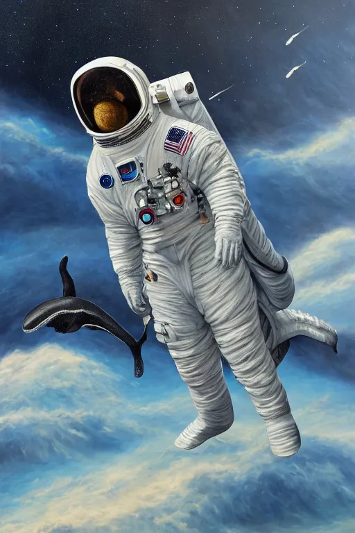 Image similar to whale astronaut, oil on canvas, intricate, portrait, 8 k highly professionally detailed, hdr, cgsociety