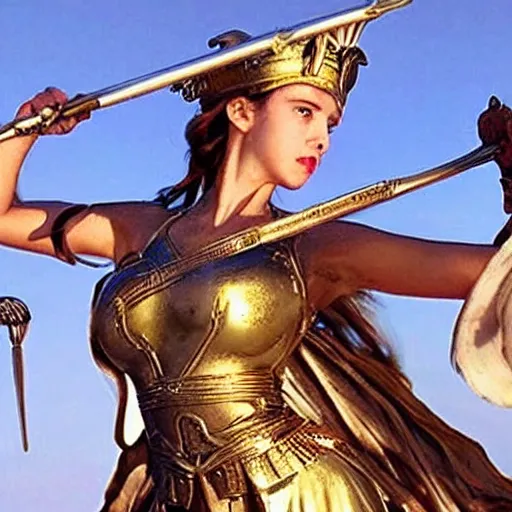 Image similar to the greek goddess athena in battle, scene from live action movie