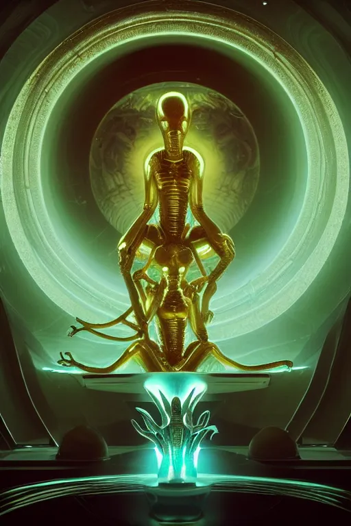 Image similar to cinematic masterpiece polaroid of glistening opalescent elegant queen empress xenomorph alien goddess meditating lotus position, inside ominous glowing alien temple shrine incubator. in the style of aliens, by denis villeneuve, weta workshop, james cameron, h. r. giger, beautiful octane render, extremely intricate, golden spiral composition, dramatic atmosphere, matte painting