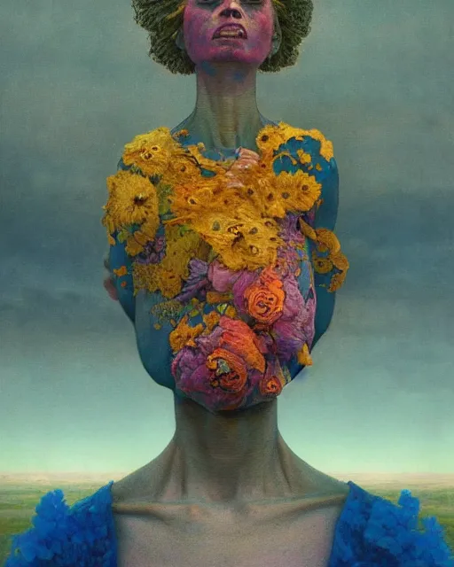 Image similar to A portrait of a woman wearing clothes made out of dying flowers, nuclear explosion in the background, Masterpiece, rainbow colored skin, glowing, wires everywhere, by Edgar Maxence and Ross Tran, Zdzisław Beksiński, and Michael Whelan, distant, gustav dore, H.R. Giger, 8k, octane render
